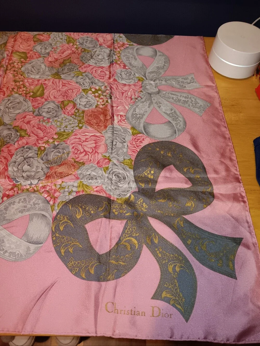 Christian Dior Vintage Flower Bow Pink Silk Scarf